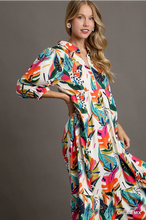 Load image into Gallery viewer, Tropical Print Collared V- neck Midi Dress