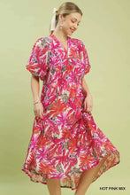 Load image into Gallery viewer, Mix Tropical Puff Sleeve Tiered Midi Dress