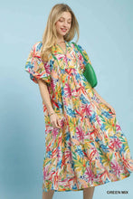 Load image into Gallery viewer, Mix Tropical Puff Sleeve Tiered Midi Dress