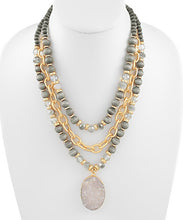 Load image into Gallery viewer, 3 Row Wood Ball&amp; Chain Stone Necklace
