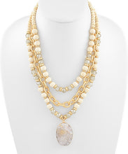 Load image into Gallery viewer, 3 Row Wood Ball&amp; Chain Stone Necklace