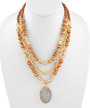 Load image into Gallery viewer, 3 Row Wood Ball&amp; Chain Stone Necklace