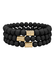 Load image into Gallery viewer, 3 Row Metal Accent Wood Bead Bracelet